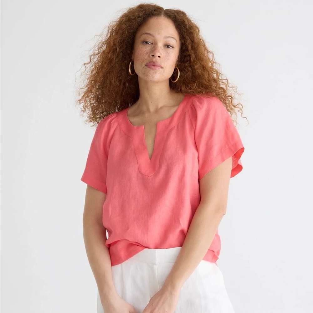 J. Crew (M) 100% Linen Bright Pink Flutter Sleeve Blouse- Spring Boho Coastal